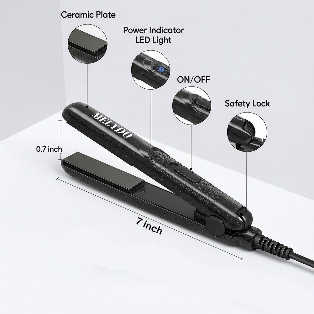 MELYDO Mini Flat Iron 0.7 Inch 2-in-1 Ceramic Tourmaline Hair Straightener & Curler