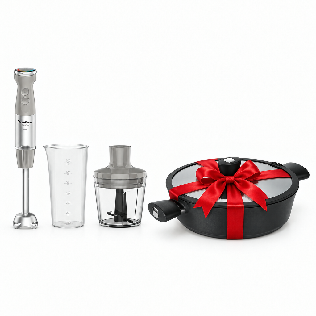 Moulinex Quickchef hand mixer beside Skylight 28 cm cooking pan with a red gift ribbon