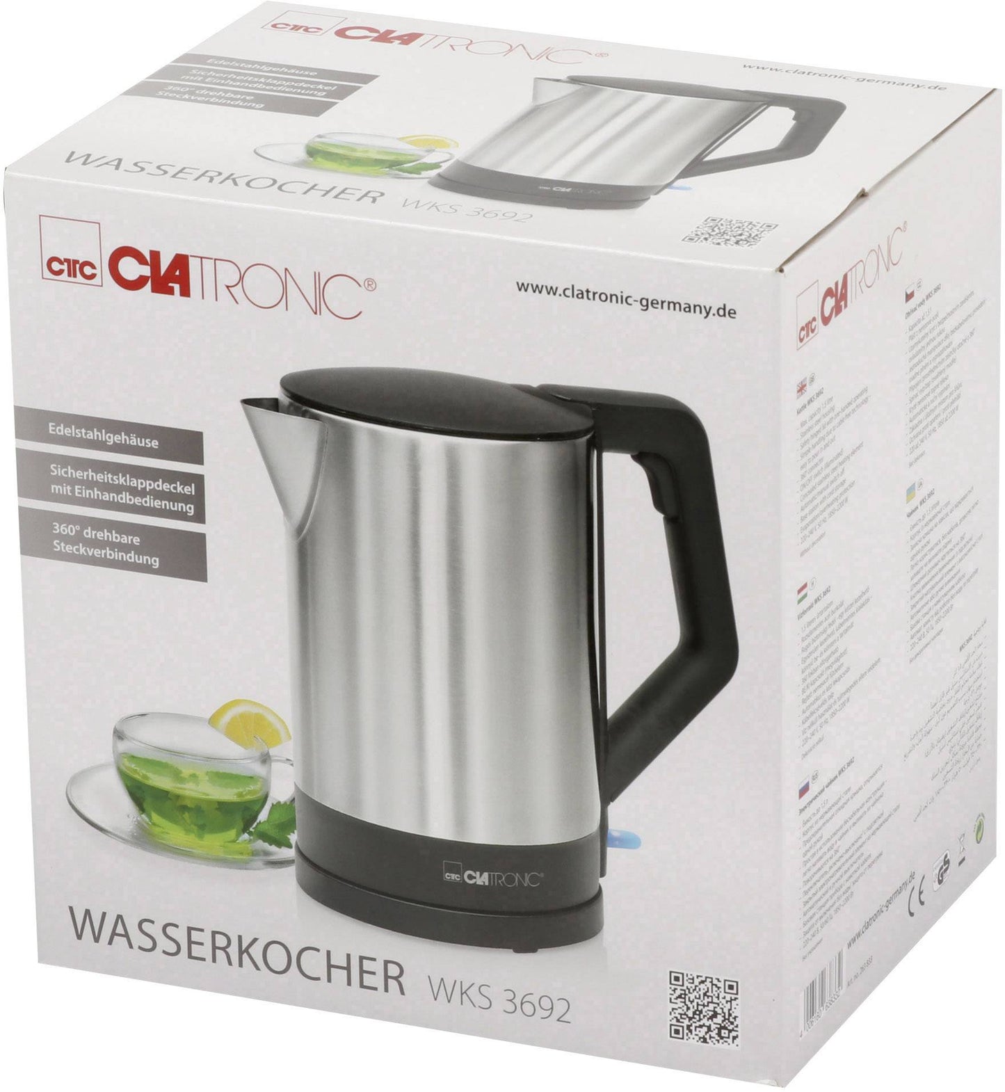 Clatronic WKS 3692 Black Stainless Steel Electric Kettle, 1.5L Wireless Capacity