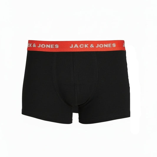 Black boxer briefs with a red waistband featuring 'Jack & Jones' branding on a white background.