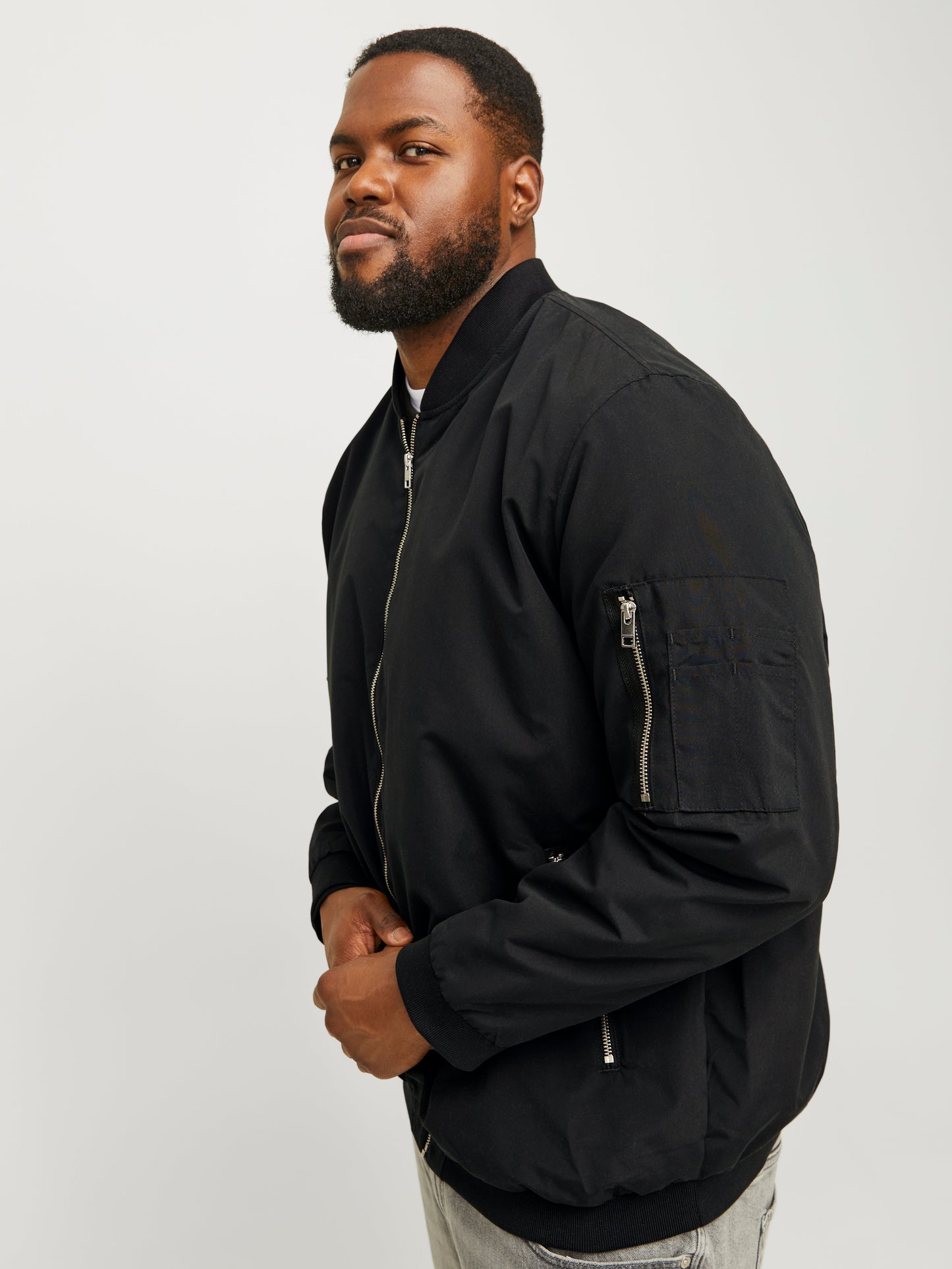 Men's Plus Size Bomber Jacket with Baseball Collar & Ribbed Cuffs