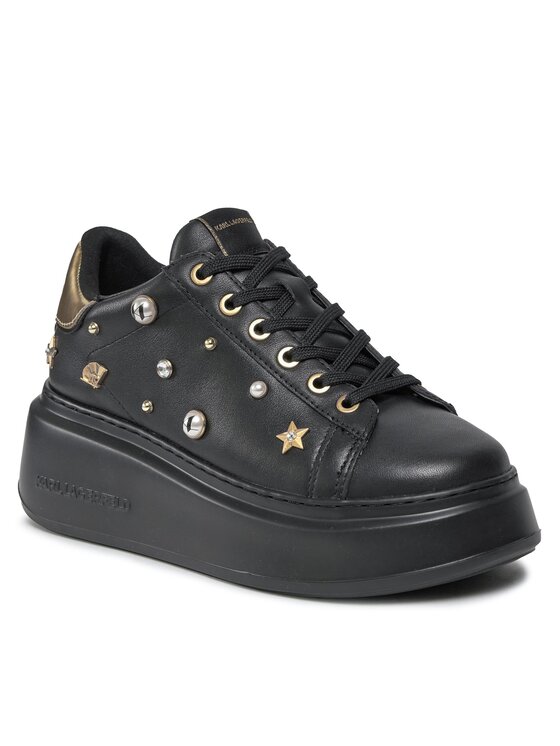 Karl Lagerfeld Women's Black Leather Platform Sneakers with Stud Embellishments