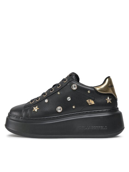 Karl Lagerfeld Women's Black Leather Platform Sneakers with Stud Embellishments