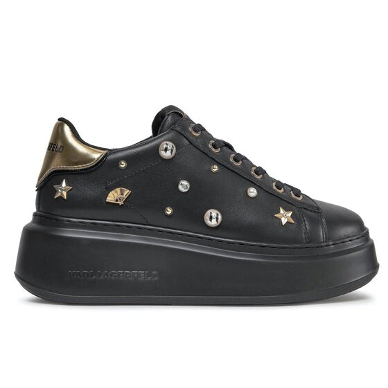 Karl Lagerfeld Women's Black Leather Platform Sneakers with Stud Embellishments