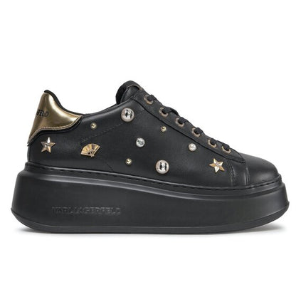 Karl Lagerfeld Women's Black Leather Platform Sneakers with Stud Embellishments