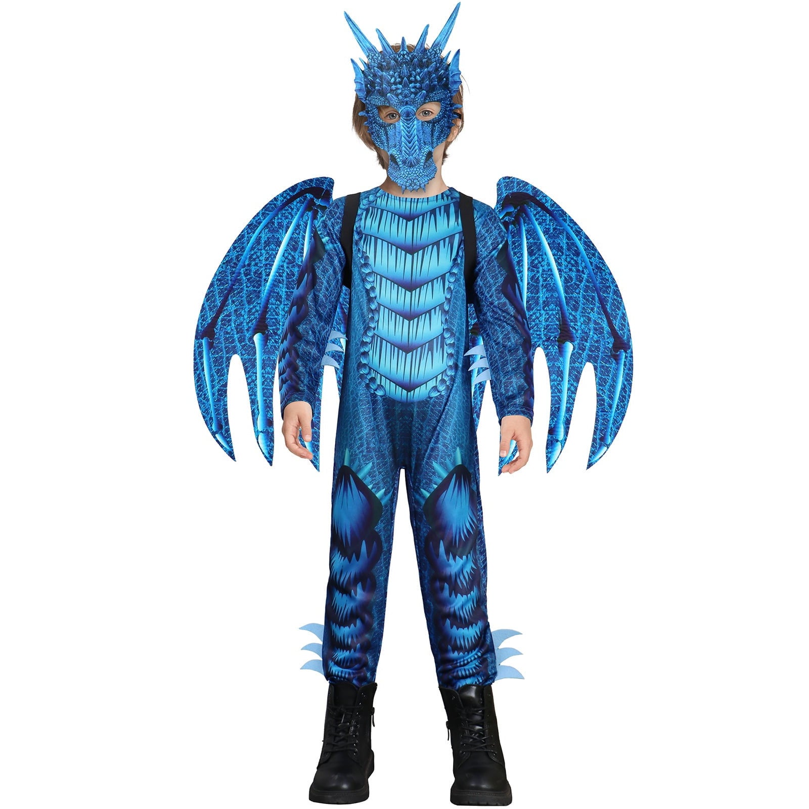 Blue Kids Dragon Costume 3‑Piece Jumpsuit with Wings & Mask