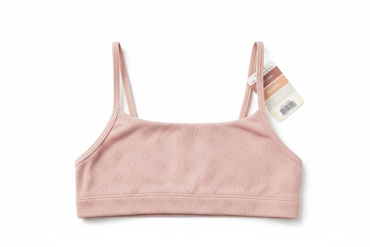 Pink sports bra with a tag on a white background