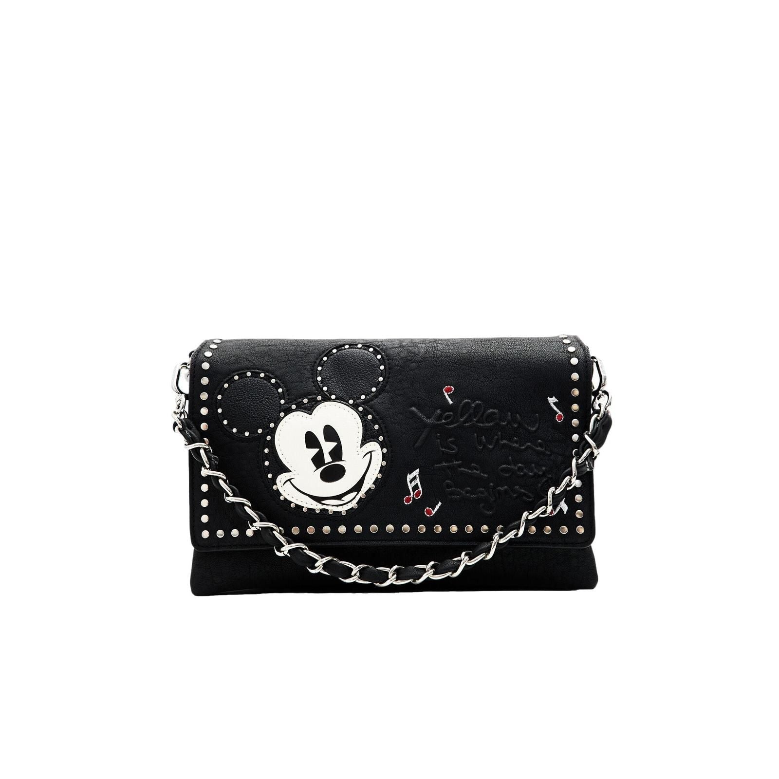 Stylish Desigual Black Printed Zipper Bag with Mickey Mouse Chain Accent