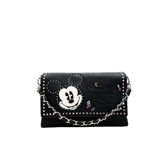 Stylish Desigual Black Printed Zipper Bag with Mickey Mouse Chain Accent