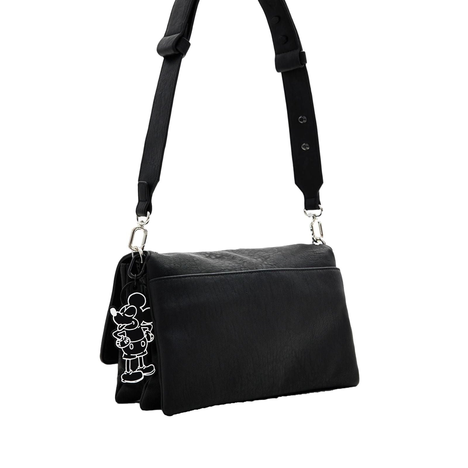Stylish Desigual Black Printed Zipper Bag with Mickey Mouse Chain Accent