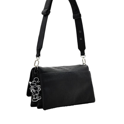 Stylish Desigual Black Printed Zipper Bag with Mickey Mouse Chain Accent