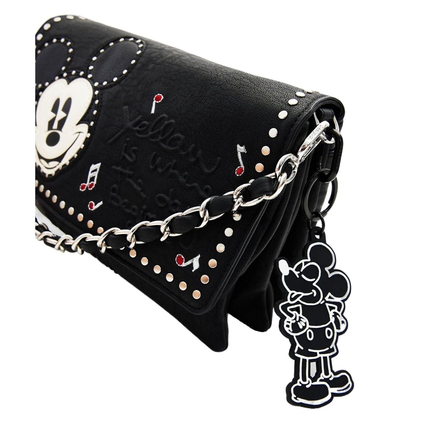 Stylish Desigual Black Printed Zipper Bag with Mickey Mouse Chain Accent