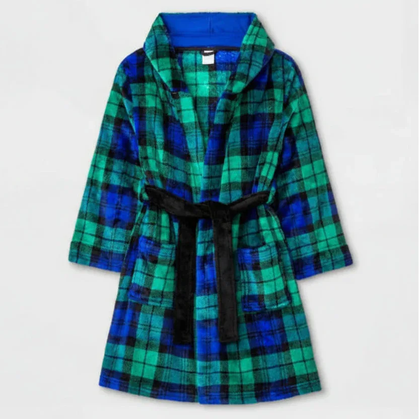 Cat & Jack Boys Plaid Fleece Robe Green and Blue Sleepwear - Gomix Brands Outlet