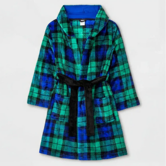 Cat & Jack Boys Plaid Fleece Robe Green and Blue Sleepwear - Gomix Brands Outlet
