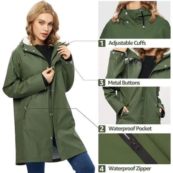 UNIQUEBELLA Women's Waterproof Long Hooded Raincoat Jacket - Durable & Stylish Rain Gear