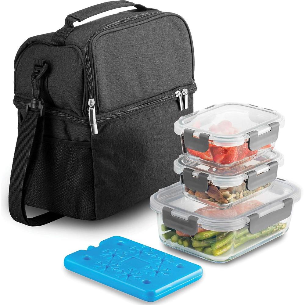 FineDine Insulated Lunch Bag with Glass Food Containers