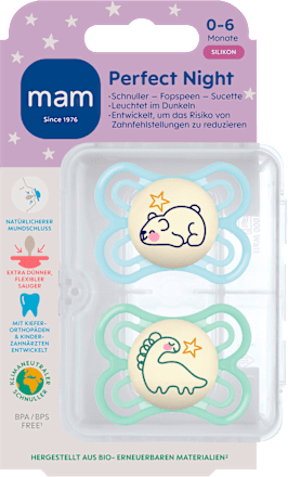 MAM Perfect Night Silicone Pacifier Blue Mint 0-6 Months 2-Pack