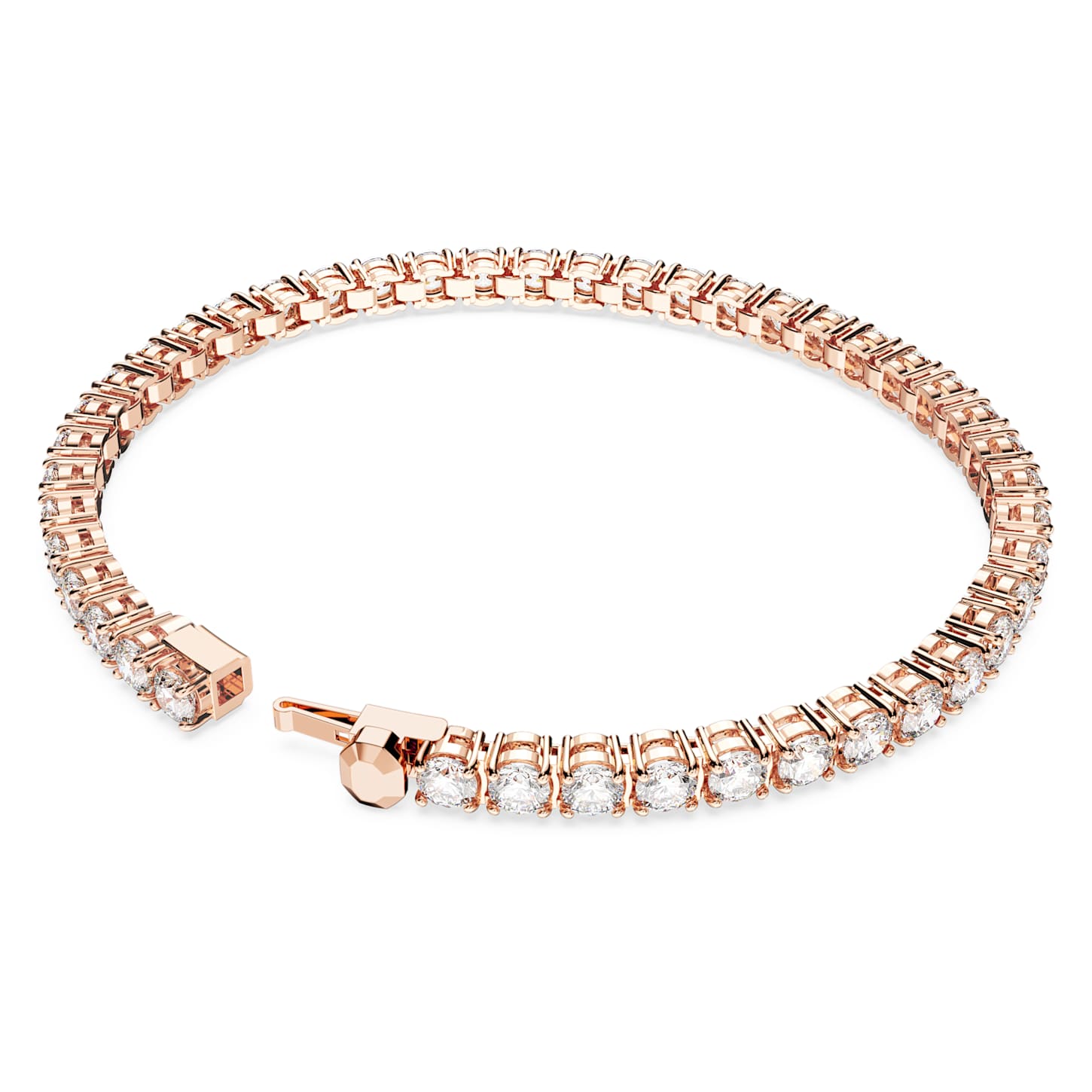 Rose gold bracelet with clear stones on a white background