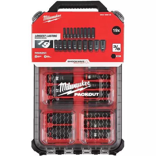 Milwaukee SHOCKWAVE Impact Socket Set, 3/8 Inch Drive, 19-Piece Packout Case