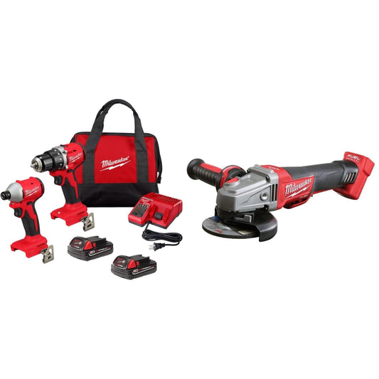 Milwaukee Set of M18 Compact Brushless 2-Tool Combo Kit with Batteries & Brushless Grinder