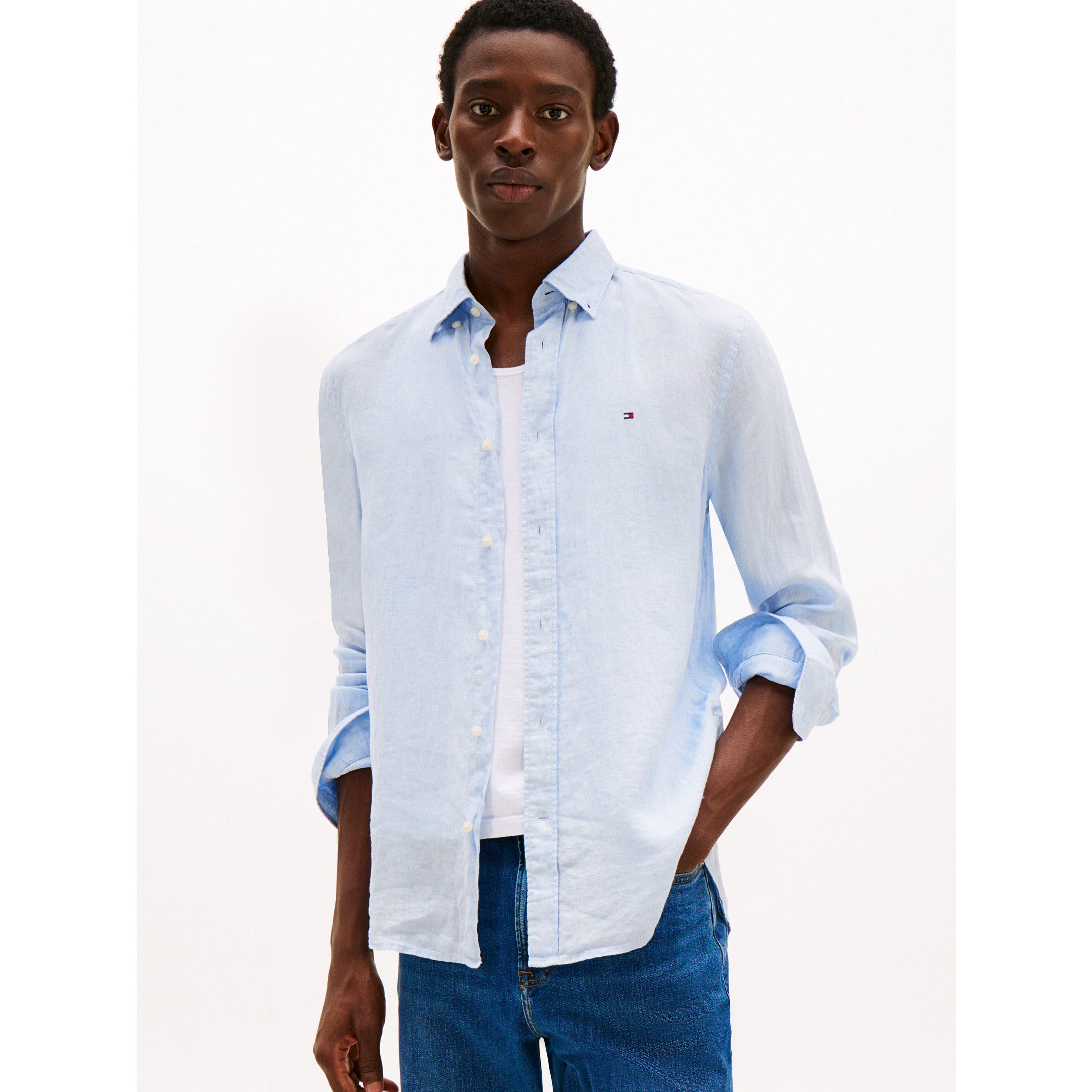 Men's Regular Fit Pure Linen Shirt - Breezy Blue Breathable Casual Style