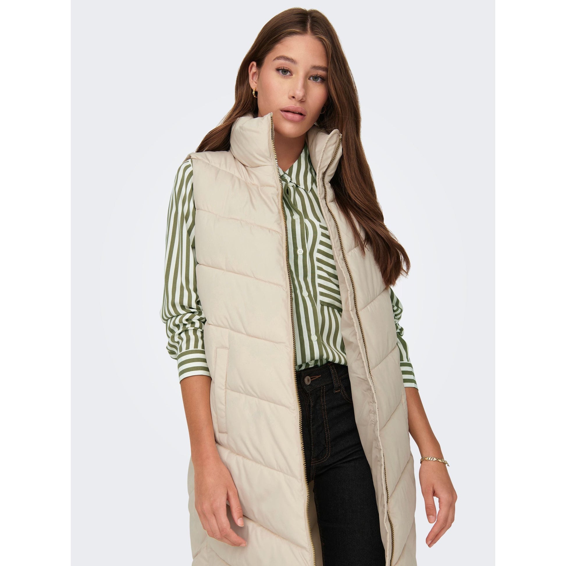JDY Women's Cream Longline Padded Quilted Gilet Vest for Style and Warmth