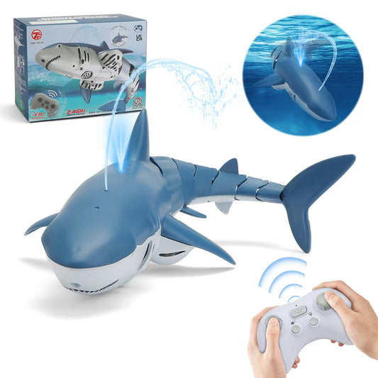 Toy shark with water , remote control, and packaging on a white background