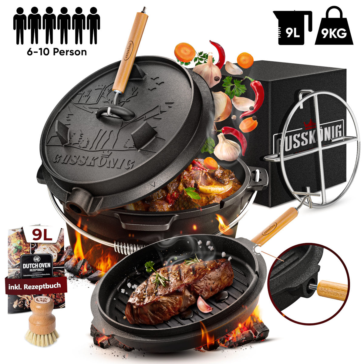 GUSSKÖNIG 9.5 Quart Pre-Seasoned Cast Iron Dutch Oven, 2-in-1 Lid