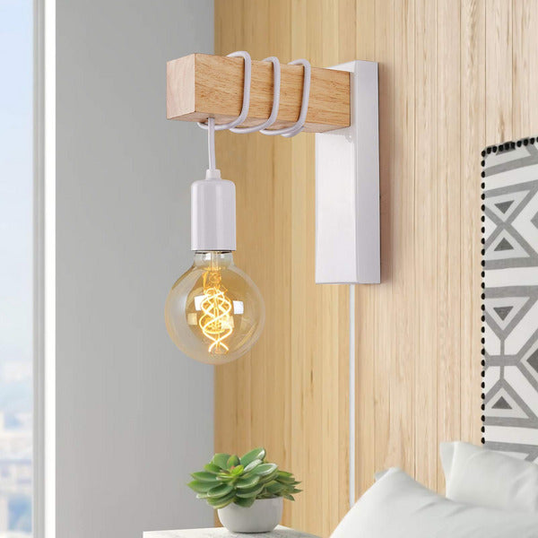 VANSINTEK Plug-In Industrial Wood Wall Light E27 LED Sconce with On/Off Switch