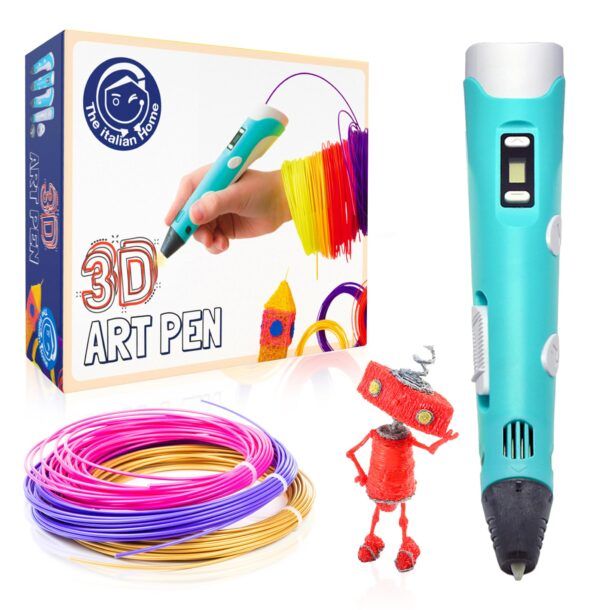 A 3D art pen kit shown on a white background, including the turquoise 3D pen, a box labeled 'The Italian Momo 3D ART PEN,' a coil of multicolor filament, and a small red robot toy.