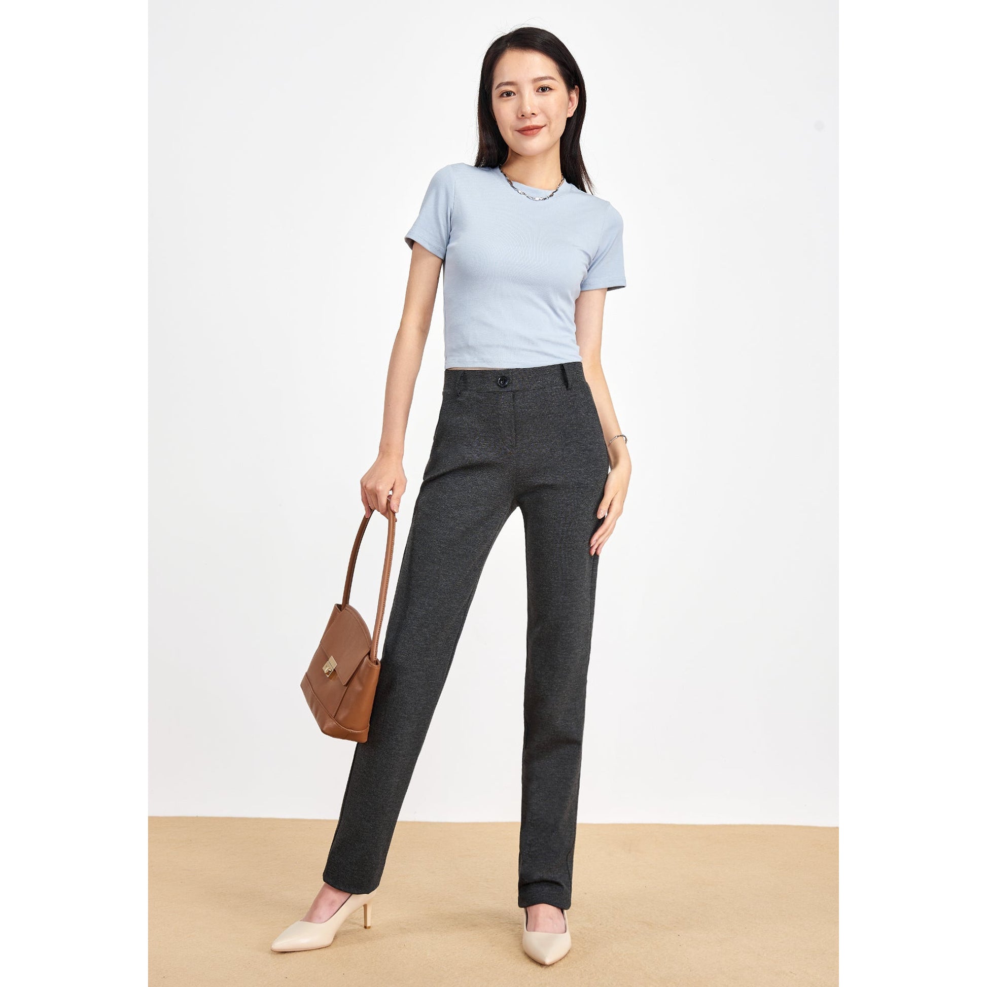 Women's Comfortable Straight Leg Dress Pants with Pockets - Wrinkle-Resistant Ponte Knit