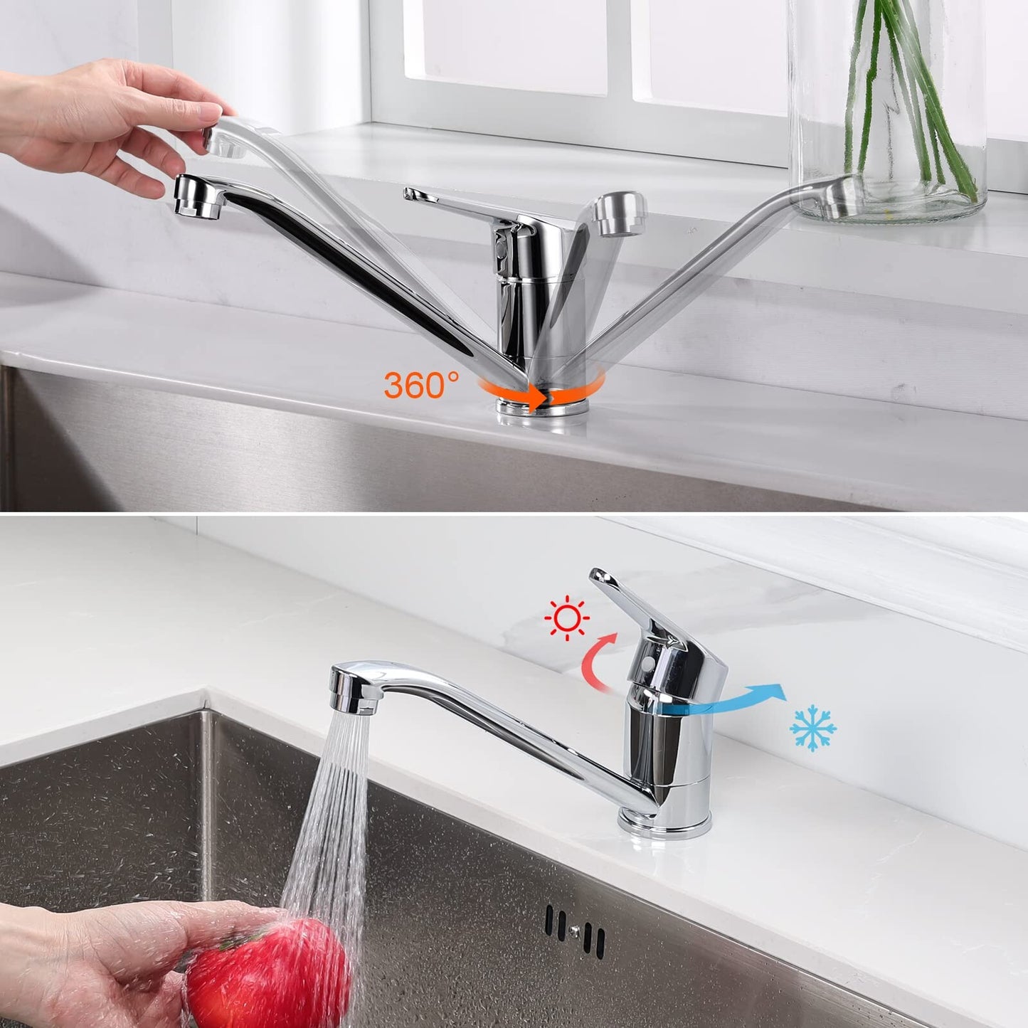 IBERGRIF M14450-98 Low Pressure Kitchen Sink Mixer Tap with 360° Swivel, Brass Chrome