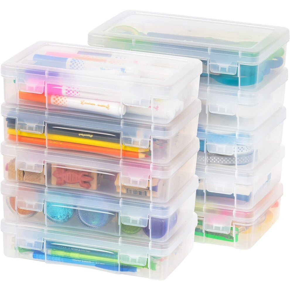 Iris Ohyama Clear Plastic Stackable Organizer Boxes with Snap-Tight Latch, 10-Pack
