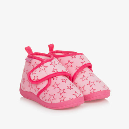 Playshoes Girls Pink Star Velour Slippers with Non-Slip Soles & Velcro Straps