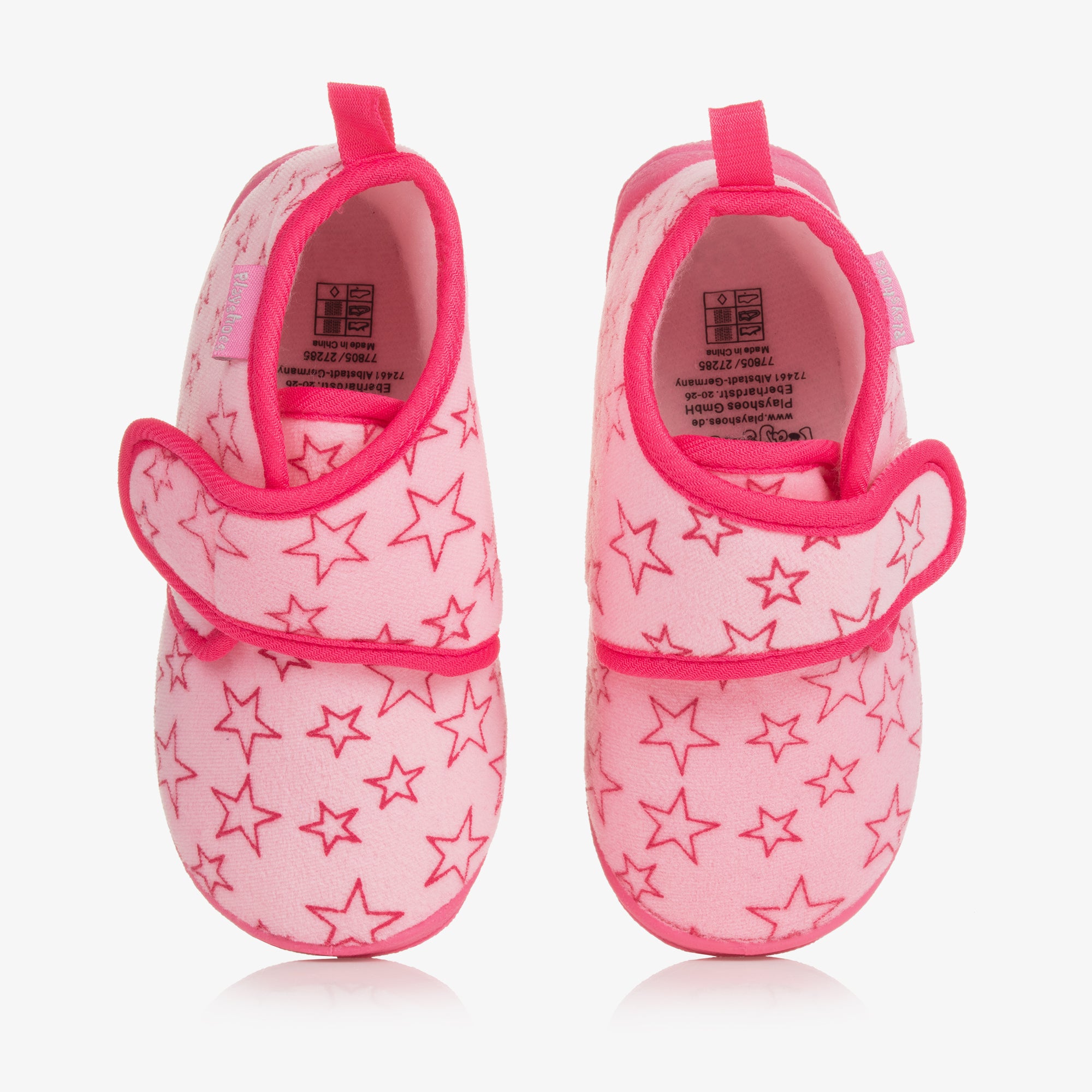 Playshoes Girls Pink Star Velour Slippers with Non-Slip Soles & Velcro Straps