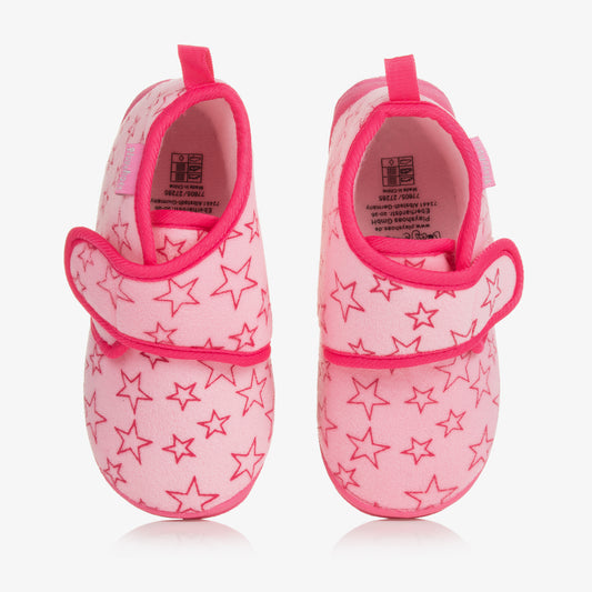 Playshoes Girls Pink Star Velour Slippers with Non-Slip Soles & Velcro Straps