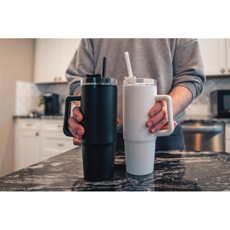 Spacious 30oz White Travel Mug with Handle Straw | Recycled Plastic Cup