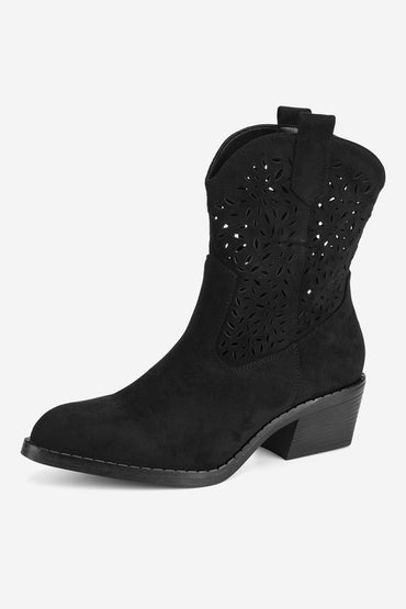 Chic Black Western Ankle Boots with Pointed Toe, Zipper, Block Heel