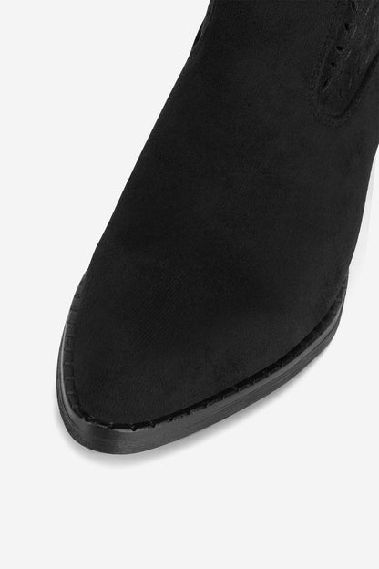 Chic Black Western Ankle Boots with Pointed Toe, Zipper, Block Heel