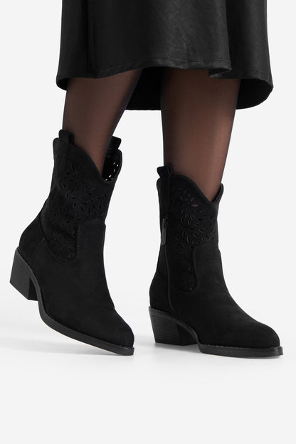 Chic Black Western Ankle Boots with Pointed Toe, Zipper, Block Heel