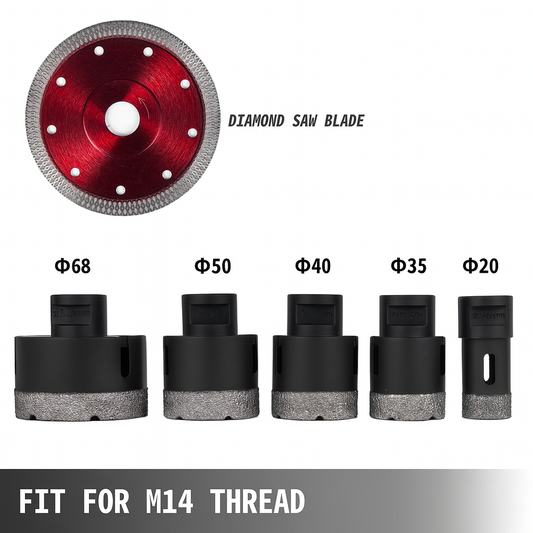 Diamond saw blade with various sizes and M14 thread compatibility on a white background
