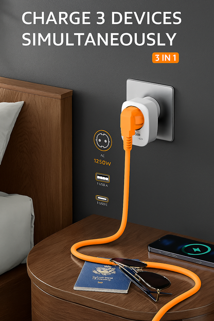 Compact USA Travel Adapter with USB-C and USB-A Ports, 3-in-1 Design