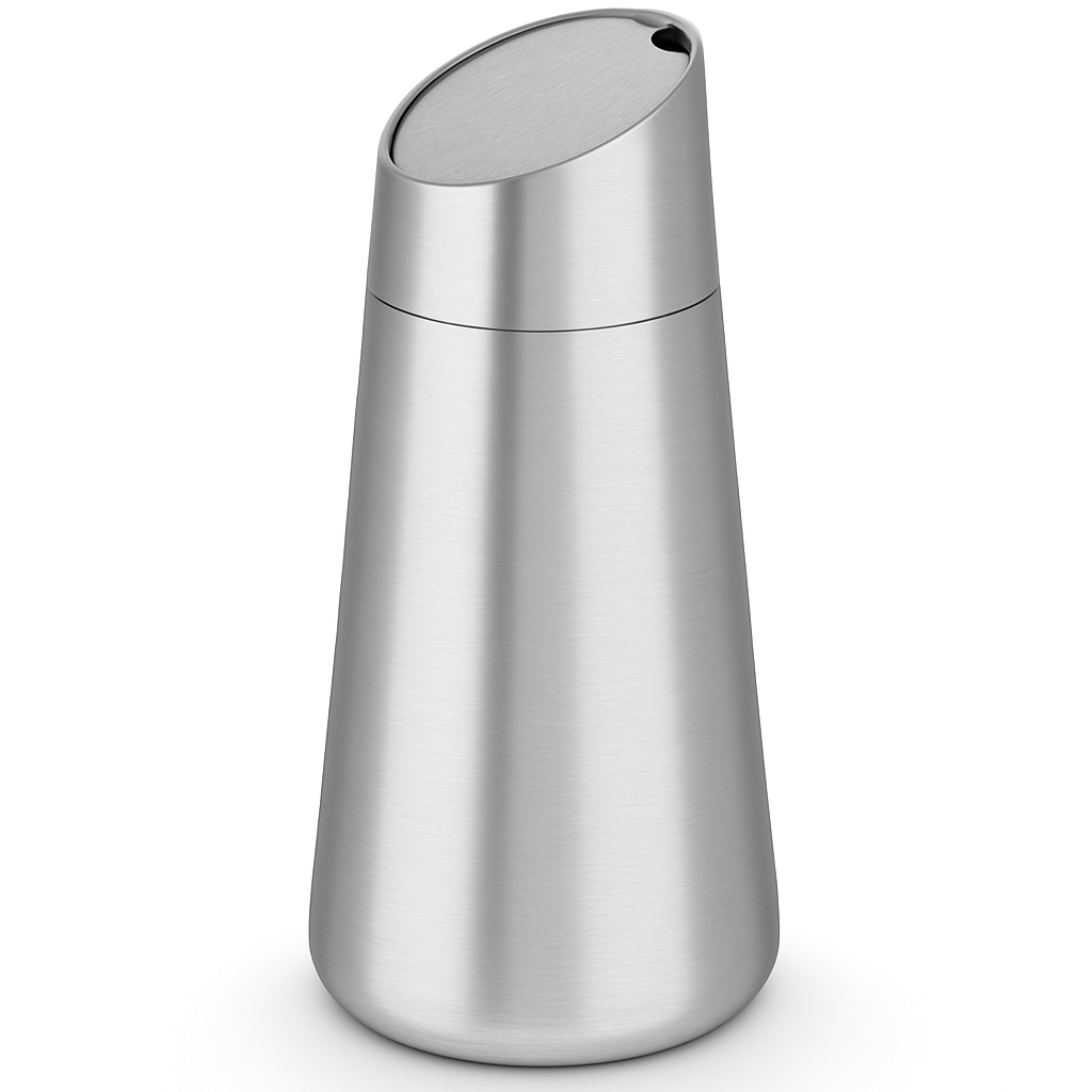 Stainless steel salt shaker on a white background