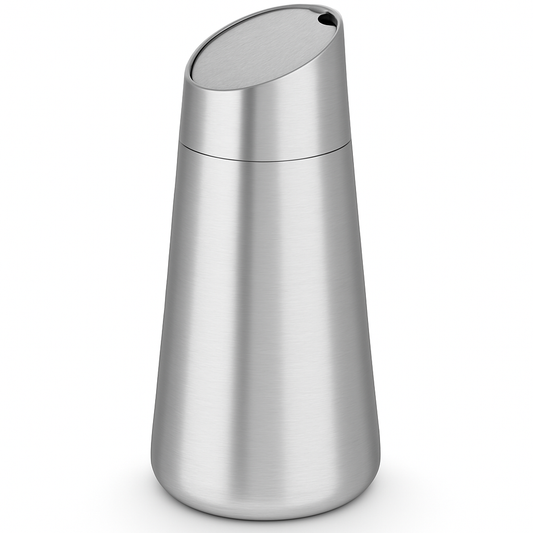 Stainless steel salt shaker on a white background