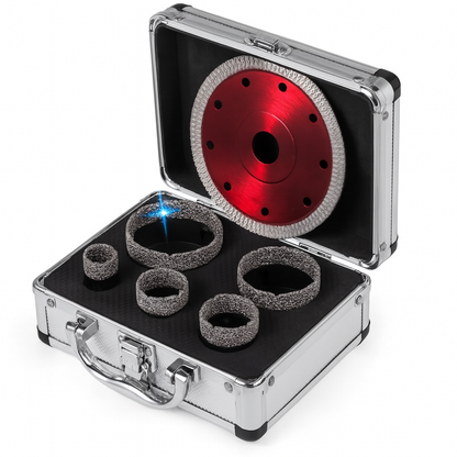 Red diamond wheel and four gray rings in a silver case on a white background