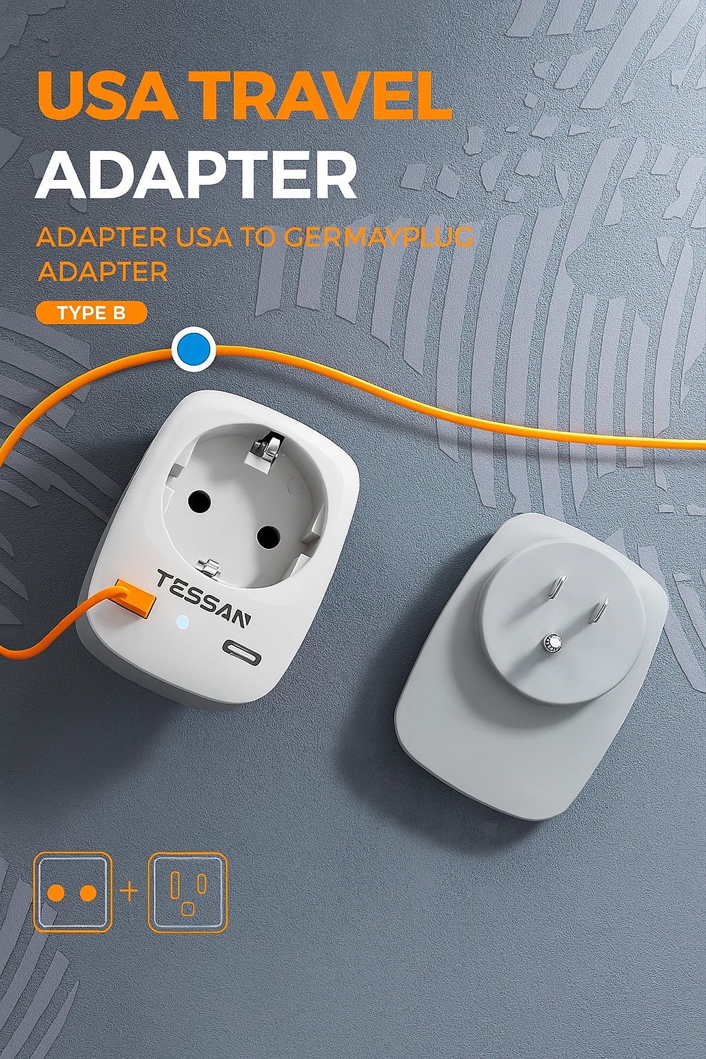Compact USA Travel Adapter with USB-C and USB-A Ports, 3-in-1 Design