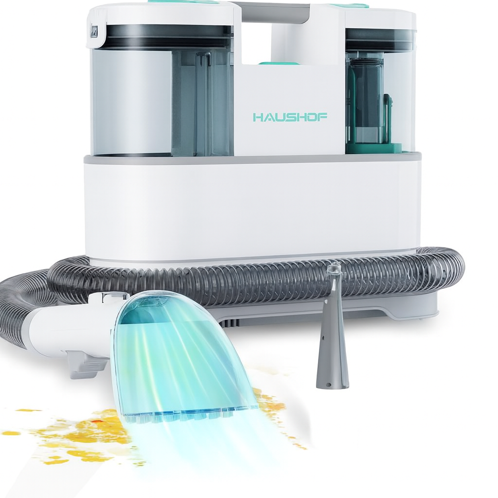 White and gray vacuum cleaner with a hose on a white background