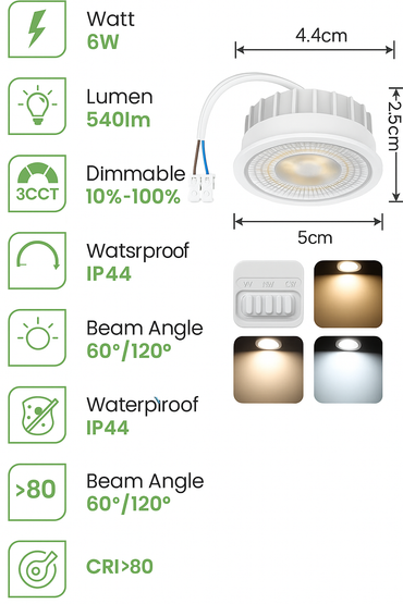 ALUSSO 6W LED Module for Recessed Spotlights - Dimmable, IP44 Waterproof