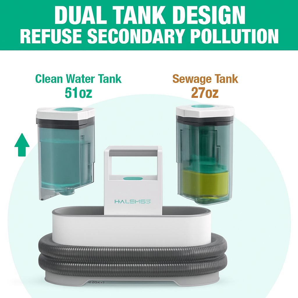 Dual tank system with clean water and sewage tanks, featuring Haleyes branding.