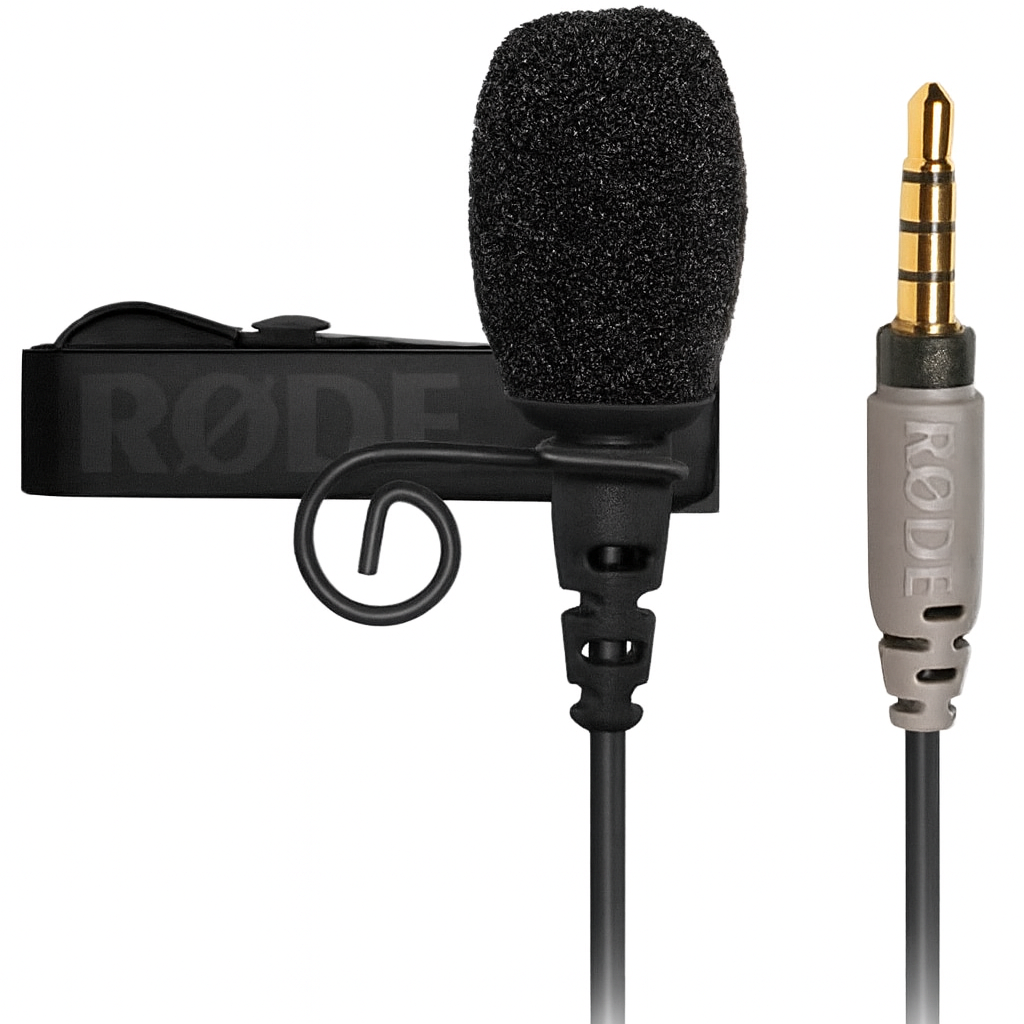 Rode lavalier microphone with clip and connector on a white background